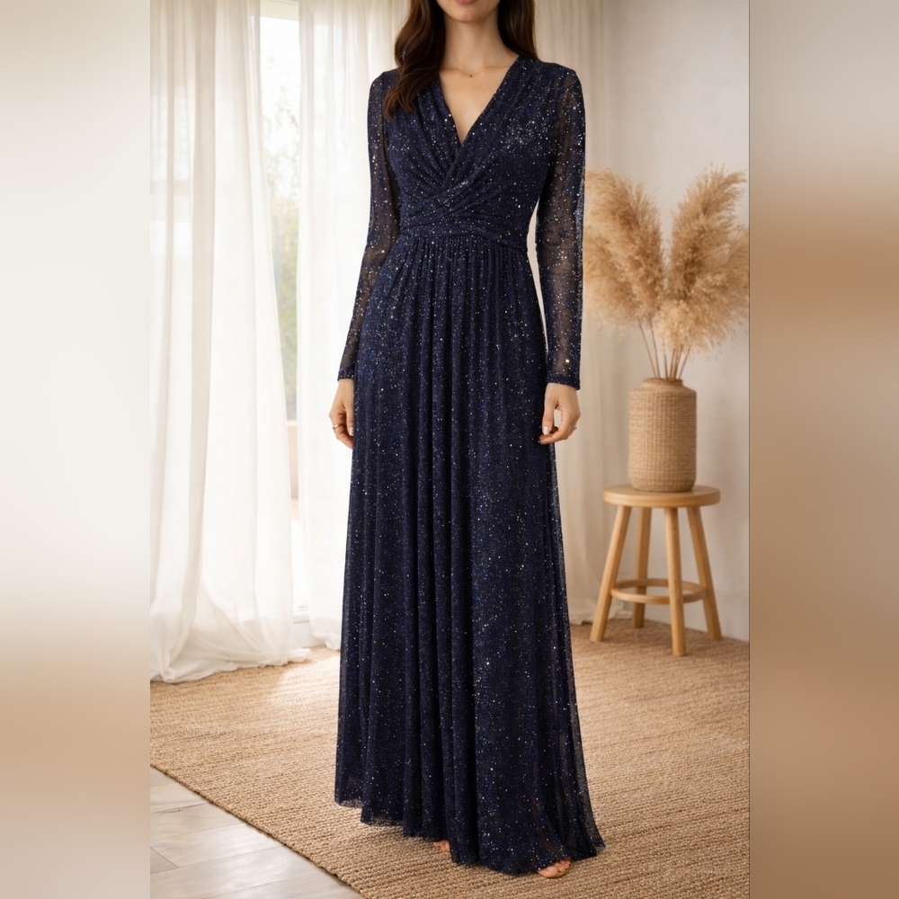NWT Eliza J Women's Blue Twist-Front Pleated Metallic Knit Gown Dress Sz 6